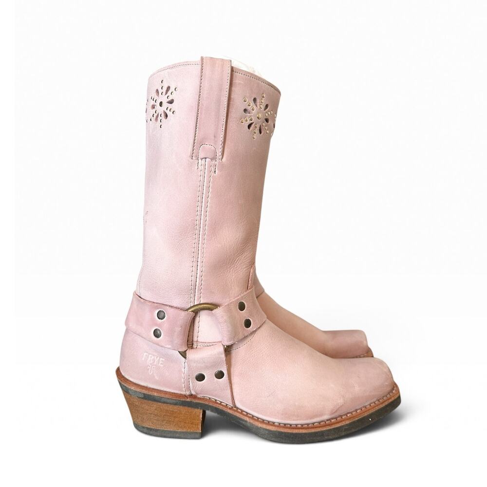 Frye Vintage Pink Leather Square Toe Harness Boots Size 7.5